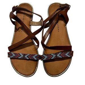 Chinese Laundry Womens Size 8.5 Beaded Toe Sandals Brown Ankle Strap Flats